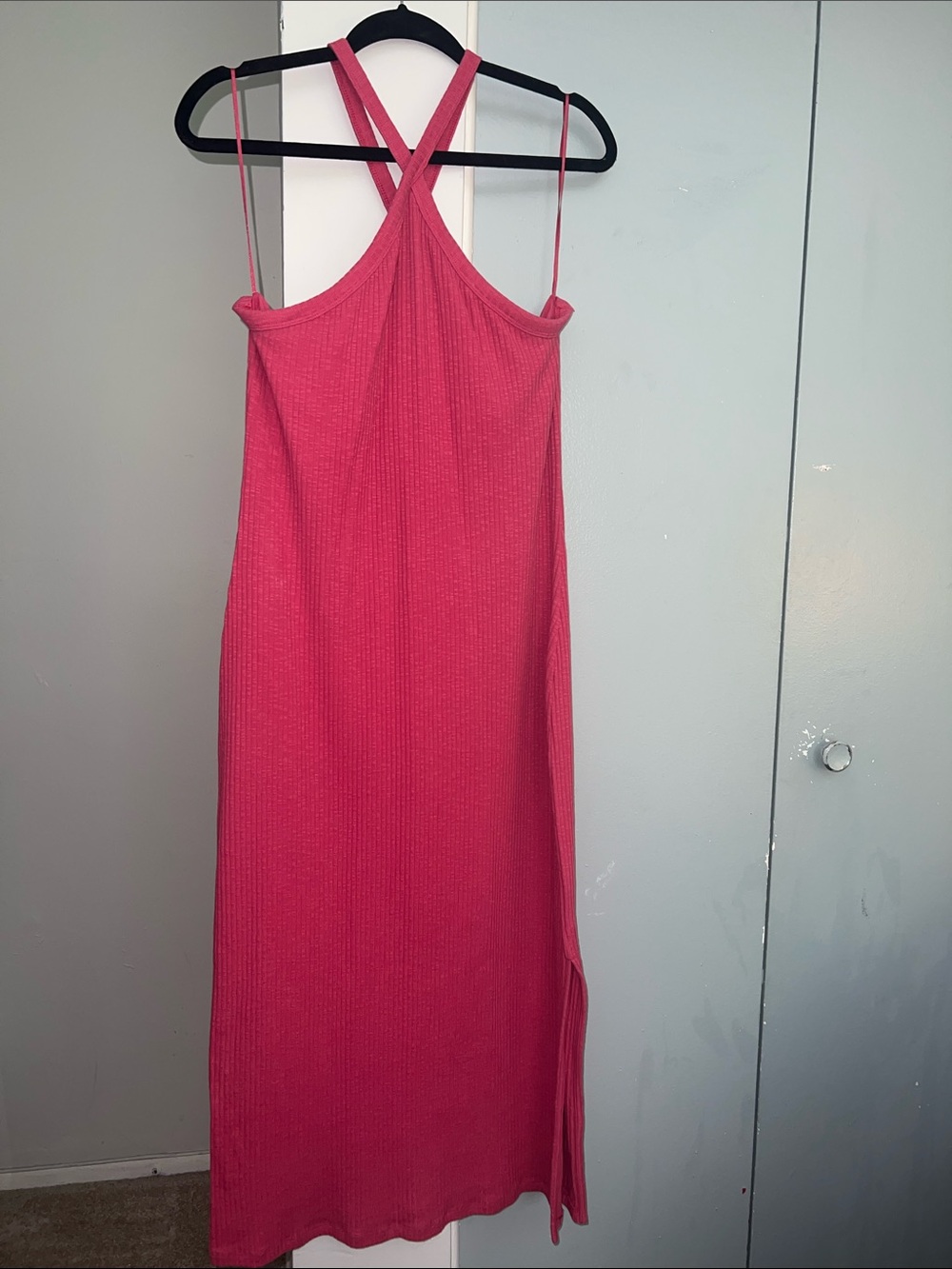 Pink Ribbed Halter Maxi Dress